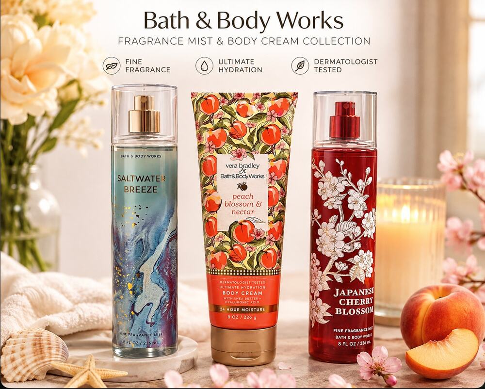 New Bath & Body Works 3-Piece Body Mist Set / Lot (Vera Bradley Cream & 2 Mists)